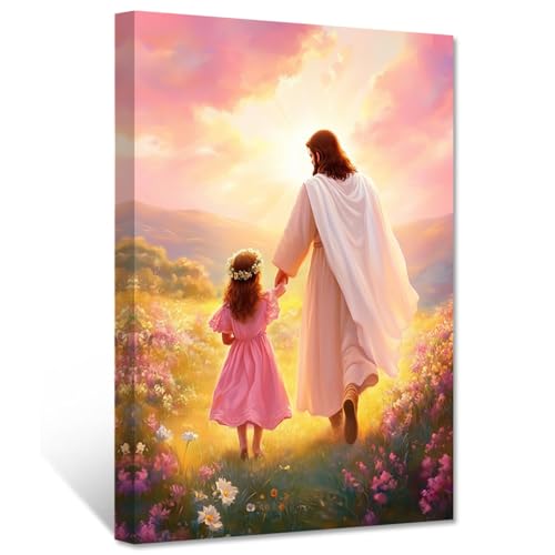 CCWACPP Wandkunst Jesus geht mit Mädchen“ christliche Leinwanddrucke religiöse Bilder Gott-Poster Wohnzimmer Kirchenzimmer-Dekor gerahmt (40.00 x 60.00 cms) von CCWACPP