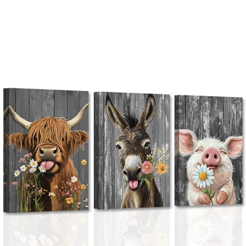 CCWACPP Wandkunst mit Bauernhoftieren Bauernhaus-Tierbilder 3-teilig Hochlandkuh Esel Schwein Leinwand rustikales Landhaus-Küchendekor gerahmt (40x60cmx3) von CCWACPP