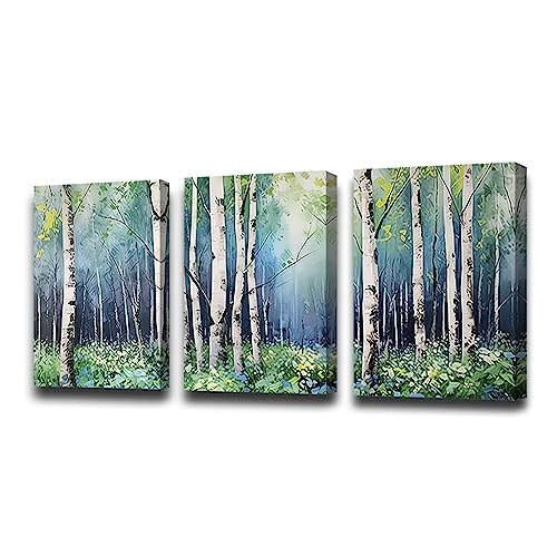 CCWACPP Weiße Birke Leinwand Wandbild 3 Panels Grüner Wald Wanddruck Große Landschaft Ölgemälde Stil Wanddekoration 30x40 cm x 3 von CCWACPP