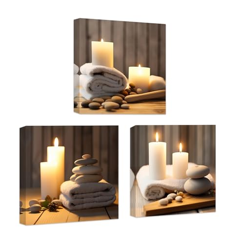 CCWACPP Zen Leinwand Wanddekoration 3 teilig Badetuch Kerzen und Zen Steine Bilddruck Badezimmer Schönheit Spa Behandlung Meditationsraum Wanddekoration gerahmt (30x30cmx3) von CCWACPP