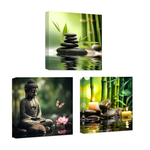 CCWACPP Zen Leinwand Wanddekoration 3 teilig Bambus Spa Bilder Zen Steine Kerzen Malerei Buddha Druck Badezimmer Schönheitsbehandlung Meditation Raumdekoration gerahmt (30x30cmx3) von CCWACPP