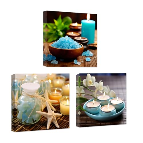 CCWACPP Zen Leinwand Wanddekoration 3 teilig blaue Aromatherapie Kerzen Blumenbild Druck Badezimmer Schönheit Spa Behandlung Meditationsraum Wanddekoration gerahmt (30x30cmx3) von CCWACPP