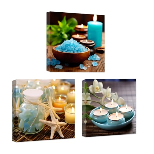 CCWACPP Zen Leinwand Wanddekoration 3 teilig blaue Aromatherapie Kerzen Blumenbild Druck Badezimmer Schönheit Spa Behandlung Meditationsraum Wanddekoration gerahmt (50x50cmx3) von CCWACPP
