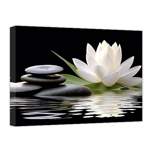 CCWACPP Zen Leinwanddrucke weiße Lotusblüte im Wasser Wandbild Blumen Stein Spa Gemälde für Yoga Meditationsraum Badezimmer Wanddekoration 40x60 cm von CCWACPP