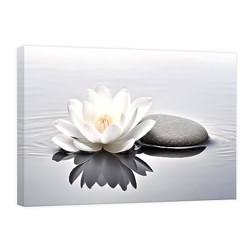 CCWACPP Zen Leinwanddrucke weiße Lotusblüte im Wasser Wandbild Blumen Stein Spa Gemälde für Yoga Meditationsraum Badezimmer Wanddekoration 40x60 cm von CCWACPP