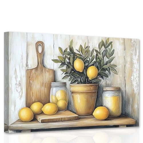 CCWACPP Zitronen-Wandkunst Küchenbilder Dekor Obst Leinwandkunst gelbe Zitrone Gemäldedruck rustikale Küche Dekor gerahmt (30L x 45B cm) von CCWACPP