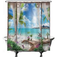 CCYKXA 150 x 180 cm Blau, Weiß, Grün Duschvorhang, Strand- und Meeresmuster, Natur waschbar, Anti-Schimmel, mit 12 Ringen von CCYKXA