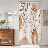 Ccykxa - 1 Set beige Duschvorhänge 120 x 180 cm mit 8 Haken, Bohemian-Stil, moderne abstrakte Kunst, Mädchengesicht, Blumen, grüne Blätter, von CCYKXA