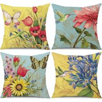 Ccykxa - 4 Pack Linen Decorative Throw Pillow Covers for Sofa Living Room Outdoor Spring Summer 45 x 45 cm Floral Butterfly Pattern von CCYKXA