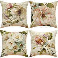 Set of 4 Decorative Sofa Throw Pillow Cases Retro Rose Flowers Washable Linen Textile Outdoor Cover Pillowcase Pillow Cover - Ccykxa von CCYKXA