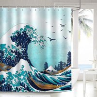 Duschvorhang Japanische Welle Kanagawa 180 x 180 cm Badvorhang Polyestergewebe Anti-Schimmel Wasserdicht Waschbar Badezimmervorhang mit 12 Haken für von CCYKXA
