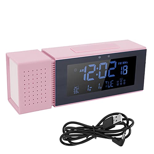 Nachtlicht mit Digitaluhr, LCD Wecker mit Stromleitung, Multifunktions-Nachtlichtalarm mit UKW Radio, Temperatur und Feuchtigkeitsüberwachung TS-P30(Rosa) von CCYLEZ