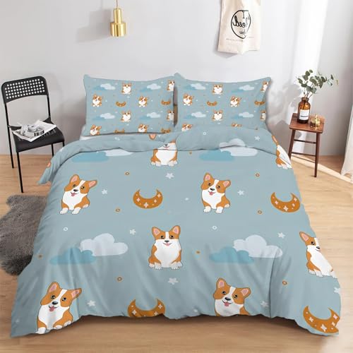 Bettwäsche 135x200 Corgi Bettbezug Set 3 Teilig mit Karikatur Muster - Wendebettwäsche und Kopfkissenbezug 80x80, Mikrofaser Bettwäsche-Sets Tier mit Reißverschluss H-72 von CCZM