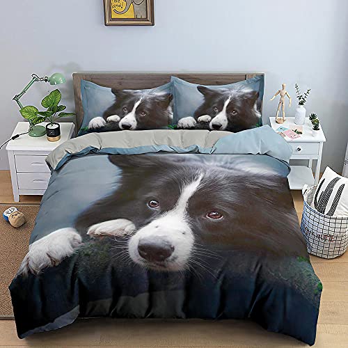 Bettwäsche 155x220 Schwarzer Border Collie Bettbezug mit Reißverschluss Schließung für Kinder Jungs Mädchen Jugendliche Weicher Atmungsaktive Mikrofaser Bettwäsche-Set + 1 Kopfkissenbezug 80x80 cm von CCZM