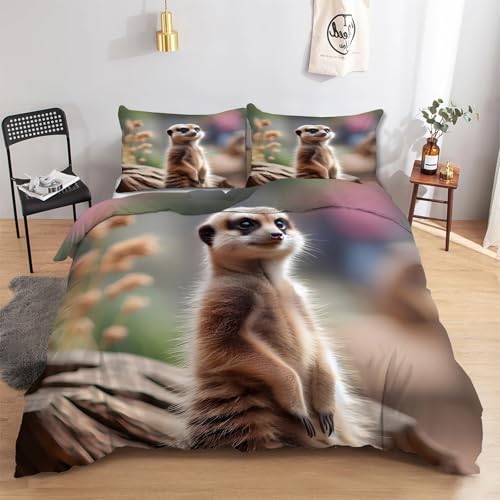 CCZM Bettwäsche 135x200 Erdmännchen Bettwäsche-Sets 3 Teilig - Bettbezug 135 x 200 Tier und 2 Kissenbezug 80x80, Weich Mikrofaser Bettbezüge Set Wilde Tiere mit Reißverschluss D-539 von CCZM