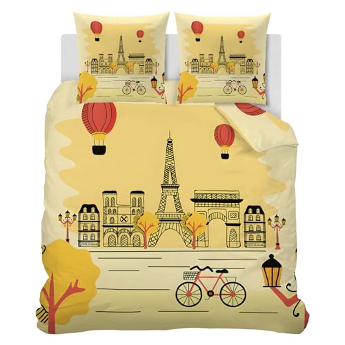 CCZM Bettwäsche 135x200 Paris Bettwäsche-Sets 3 Teilig - Bettbezug 135 x 200 Eiffelturm und 2 Kissenbezug 80x80, Weich Mikrofaser Bettbezüge Set Pariser Landschaft mit Reißverschluss Q-822 von CCZM