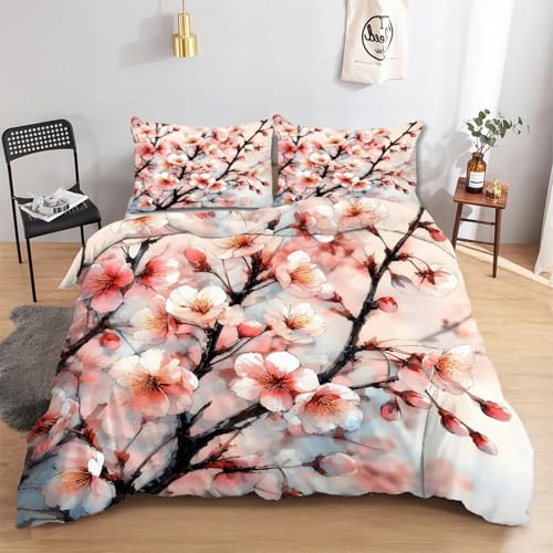 CCZM Bettwäsche 155x220 Blumenzweig Bettwäsche-Sets 3 Teilig - Bettbezug 155x220 Pfirsichblüte und 2 Kissenbezug 80x80, Weich Mikrofaser Bettbezüge Set Frühling mit Reißverschluss H-328 von CCZM