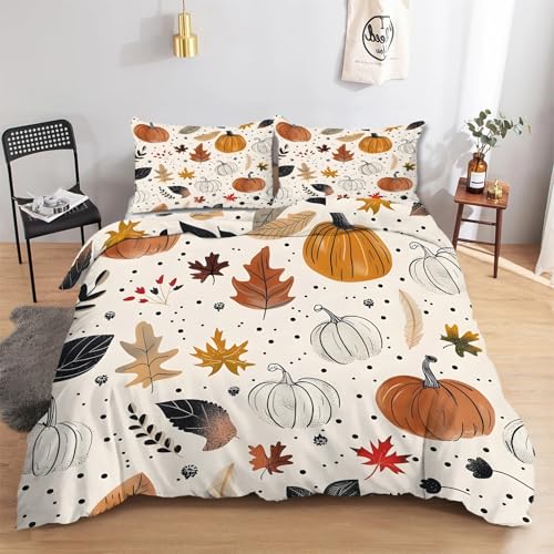 CCZM Bettwäsche 200x200 Herbst Bettbezug 200x200 Kürbis mit 2 Kissenbezüge 80x80 cm, Bettwäsche-Sets aus Weich Mikrofaser mit Reißverschluss, Wendebettwäsche mit Ahornblatt Muster, I-913 von CCZM