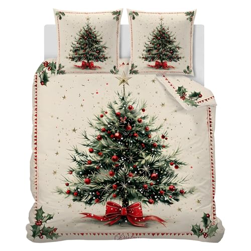 CCZM Weihnachts Bettwäsche 135x200 Winter - Weihnachtsbaum Bettbezug 135 x 200 3 Teilig, Fliege Wendebettwäsche und 2 Kissenbezug 80x80, Warm Mikrofaser Bettwäsche-Sets mit Reißverschluss, J-385 von CCZM
