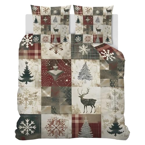 CCZM Winter Bettwäsche 135x200 Weihnachts-Patchwork - Weihnachts Bettbezug 135 x 200 mit 2 Kissenbezüge 80x80 cm, Retro-Rentier Wendebettwäsche, Microfaser Bettwäsche mit Reißverschluss, J-393 von CCZM