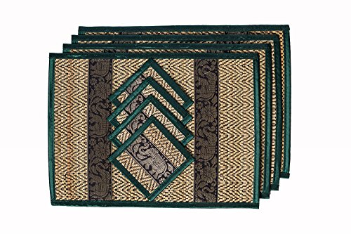 Tischset und Untersetzer-Set, groß und mittelgroß, natürliche Weide, Seidenränder, Elefantenmuster, umweltfreundlich, 2 x 4 Teile Medium Dark Green von CCcollections