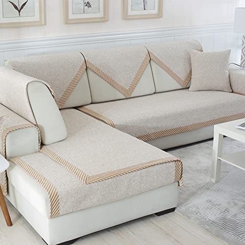 Sofabezug aus Baumwolle und Leinen, rutschfest L Form Couch überzug Sofaüberwurf für 1, 2, 3, 4 Kissen, Sofa und Haustier Stuhlbezug-Beige 70x210cm/28x83 Zoll von CClz
