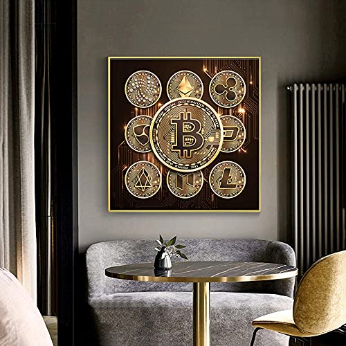 CDERFV Nordic Gold Bitcoin Poster und Drucke Moderne Luxus Wandkunst Leinwanddruck Gemälde Bild für Wohnzimmer Home Decoration-60x60cm （kein Rahmen） von CDERFV