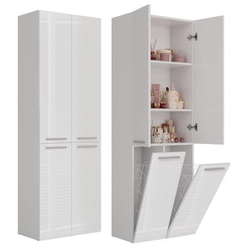 CDF Bad-Hochschrank NEL 2K DD | Farbe: Weiß glänzend | Modernes Badregal | Stauraumschrank | Geräumige Einlegeböden | Türen | Einfache Montage | 2 Wäschekörbe | Stilvolle Griffe von CDF