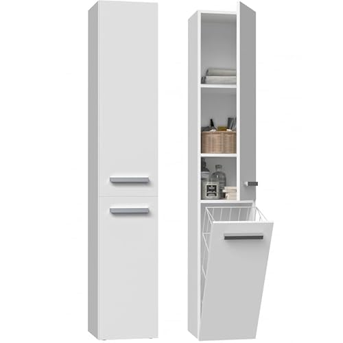 CDF Bad-Hochschrank NEL lV | Farbe: Weiß | Modernes Badregal | Stauraumschrank | Geräumige Einlegeböden | Türen | Einfache Montage | Stilvolle Griffe | Wäschekorb von CDF
