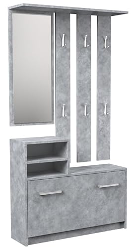CDF Garderobe | Farbe: Beton | Großer Spiegel | Kleiderbügel | Geräumiger Schuhschrank | Ideal für Vorzimmer, Flur | Praktische Ablagen | Modernes Design von CDF