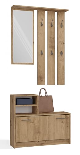 CDF Garderobe | Farbe: Eiche Artisan | Großer Spiegel | Kleiderbügel | Geräumiger Schuhschrank | Ideal für Diele, Flur | Praktische Ablagen | Modernes Design von CDF