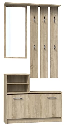 CDF Garderobe | Farbe: Eiche Sonoma | Großer Spiegel | Kleiderbügel | Geräumiger Schuhschrank | Ideal für Diele, Flur | Praktische Ablagen | Modernes Design von CDF