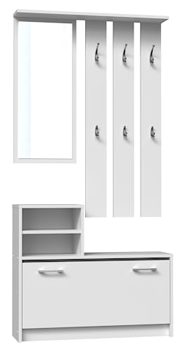 CDF Garderobe | Farbe: Weiß | Großer Spiegel | Kleiderbügel | Geräumiger Schuhschrank | Ideal für Diele, Flur | Praktische Ablagen | Modernes Design von CDF