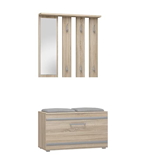 CDF Garderobe Opal | Farbe: Eiche Sonoma | Großer Spiegel | Kleiderbügel | Geräumiger Schuhschrank | Ideal für Diele, Flur | Praktische Ablagen | Modernes Design von CDF