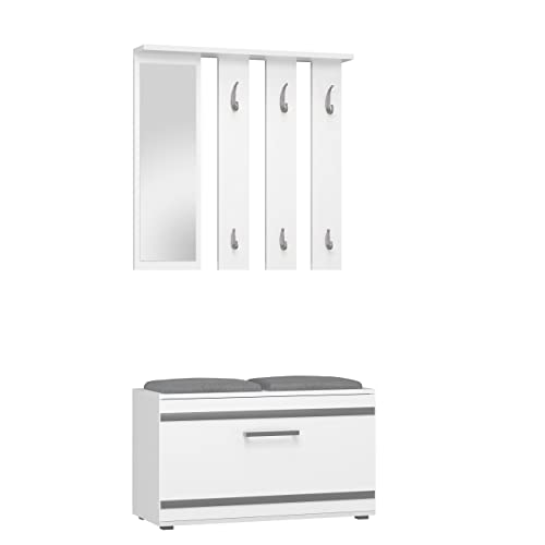 CDF Garderobe Opal | Farbe: Weiß | Großer Spiegel | Kleiderbügel | Geräumiger Schuhschrank | Ideal für Diele, Flur | Praktische Ablagen | Modernes Design von CDF