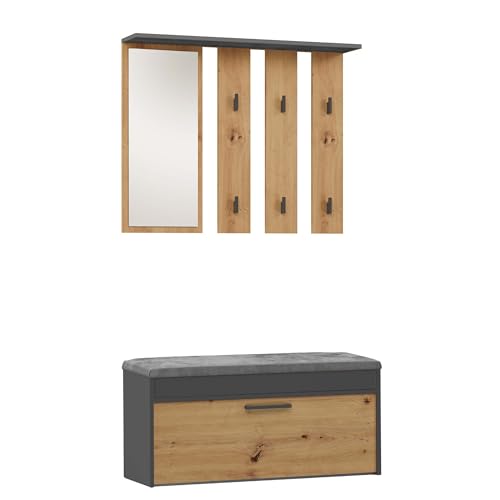 CDF Garderobe Parma | Farbe: Anthrazit - Eiche Artisan | Großer Spiegel | Kleiderbügel | Geräumiger Schuhschrank | Ideal für Diele, Flur | Praktische Ablagen | Modernes Design von CDF