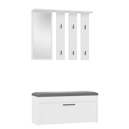 CDF Garderobe mit Spiegel & Schuhschrank - 6 Haken mit Sitzbank – Modernes Möbel im skandinavischen Design – 100x35x180 cm – Weiß - Praktischer Stauraum für Schuhe, Jacken & Accessoires von CDF