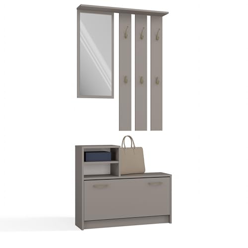 CDF Kleiderschrank Vera | Farbe: Lehm (grau) | Großer Spiegel | Kleiderbügel | Geräumiger Schuhschrank | Ideal für Diele, Flur | Praktische Ablagen | Modernes Design von CDF