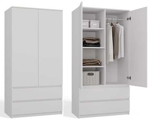 CDF Kleiderschrank Weiß 90cm Breit Kinderzimmer Schlafzimmer 2 Schubladen 2-türig Kleiderschrank Zweitüriger Schrank Moderne Look Alles für die Montage Inklusive Garderobenschrank Klamotten Spielzeuge von CDF