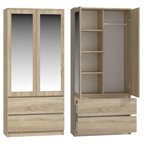 CDF Kleiderschrank mit Spiegel für Kinderzimmer Schlafzimmer 2 Schubladen 2-türig Kleiderschrank Zweitüriger Schrank Moderne Look Alles für die Montage Inklusive Garderobenschrank Klamotten von CDF