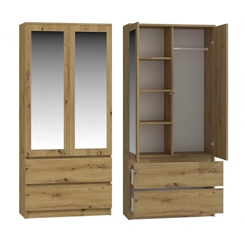 CDF Kleiderschrank mit Spiegel für Kinderzimmer Schlafzimmer 2 Schubladen 2-türig Kleiderschrank Zweitüriger Schrank Moderne Look Alles für die Montage Inklusive Garderobenschrank Klamotten von CDF