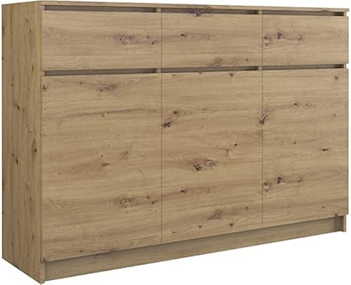 CDF Kommode Artisan 3 Türen 3 Schubladen Komode & Sideboards Schmal Schubladenkommode Sideboard 75 cm Hoch Wohnzimmer Komodenschrank 40x120x75 für Schlafzimmer Arbeitszimmer Flur Schubladenschrank von CDF