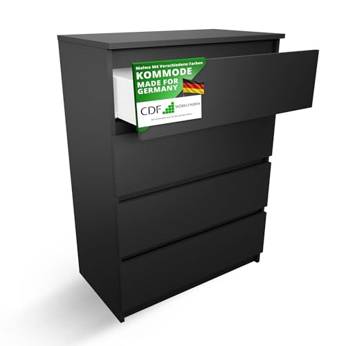 CDF Kommode Schwarz mit 4 Schubladen 97 cm Hoch Sideboard Schmale Komode Schlafzimmerkommode für Flur Büro Schlafzimmer Wohnzimmer Schubladenschrank Regal mit Schubladen Schrank Modernes Möbelstück von CDF