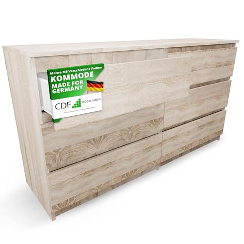 CDF Kommode Eiche Sonoma mit 6 Schubladen 40 cm Tief Komodenschrank Komode für Wohnzimmer Schlafzimmer Schubladenschrank Malm Kommode viel Stauraum Geeignet Organizer Kleidung 138cm Breite Modern Look von CDF