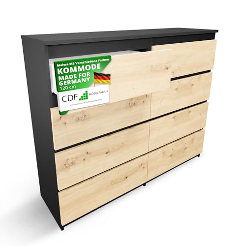 CDF Kommode Anthrazit Artisan mit 8 Schubladen 40 cm Tief Komodenschrank Komode für Wohnzimmer Schlafzimmer Schubladenschrank Malm Kommode viel Stauraum Geeignet Organizer Kleidung 120cm Breite Modern von CDF