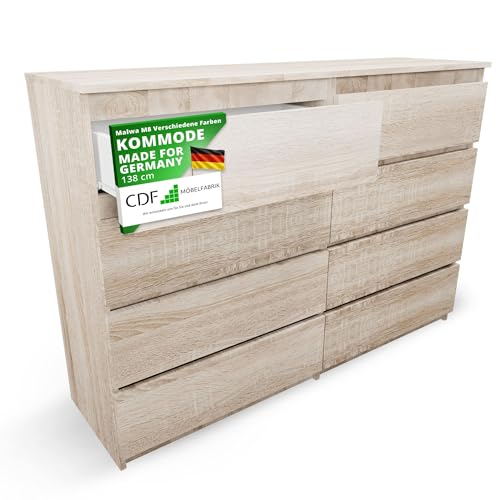 CDF Kommode Eiche Sonoma mit 8 Schubladen 40 cm Tief Komodenschrank Komode für Wohnzimmer Schlafzimmer Schubladenschrank Malm Kommode viel Stauraum Geeignet Organizer Kleidung 138cm Breite Modern Look von CDF