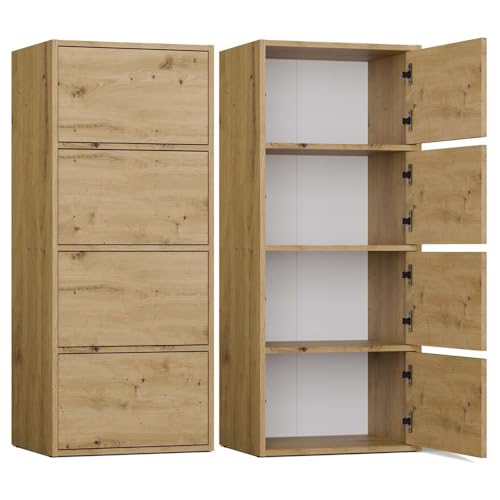 CDF Kommode Schrank Hochschrank mit 4 Türen und Einlegeböden - für Wohnzimmer Schlafzimmer Flur Büro – Grifflose Fronten – Modernes Design und langlebige Ausführung – Eiche Artisan Alma von CDF