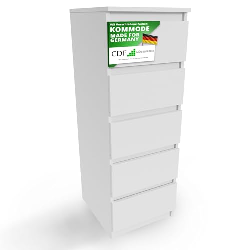 CDF Kommode Weiß Hoch Schubladenschrank mit 5 Schubladen Schmal Komode 40B x 45T x 111H Wohnzimmer Schlafzimmer Flur Schrank Sideboard Highboard viel Stauraum Sideboard Malm Kommode Modern von CDF