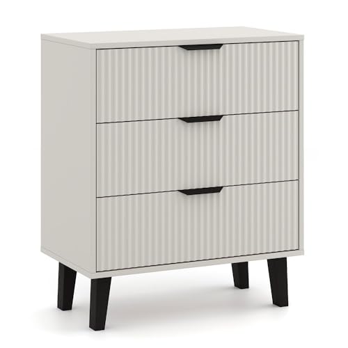 CDF Kommode mit 3 Schubladen für Wohnzimmer Schlafzimmer Flur – Modernes Design mit gerillten Fronten – Viel Stauraum – Sideboard mit Schubladen – Kaschmir Beige Scandi 3S Slim von CDF