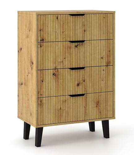 CDF Kommode mit 4 Schubladen für Wohnzimmer Schlafzimmer Flur – Modernes Design mit gerillten Fronten – Viel Stauraum – Sideboard mit Schubladen – Eiche Artisan Scandi 3S Slim von CDF